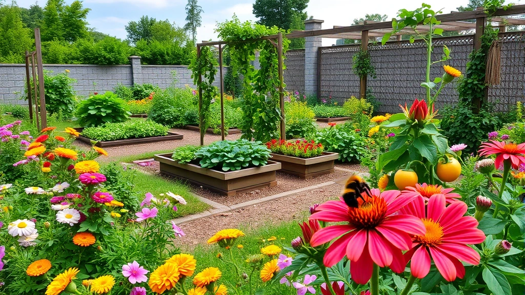 Wide landscape shot of a mature garden in full bloom with flowering plants, vegetable beds bursting with produce, trellises supporting climbing vines, and a pollinator bee visiting colorful blossoms