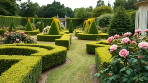 Formal garden with symmetrical boxwood hedges, manicured borders, and roses in bloom, professional landscape photography