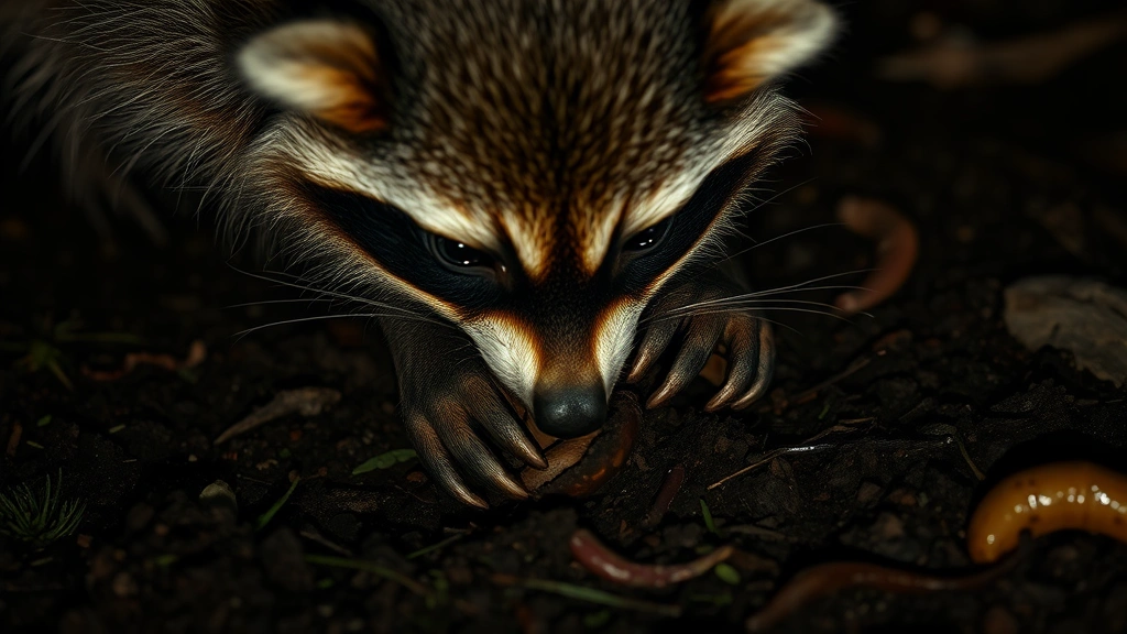 Close-up of raccoon hands digging in dark garden soil at night, searching for grubs and earthworms, focused expression, photorealistic wildlife photography
