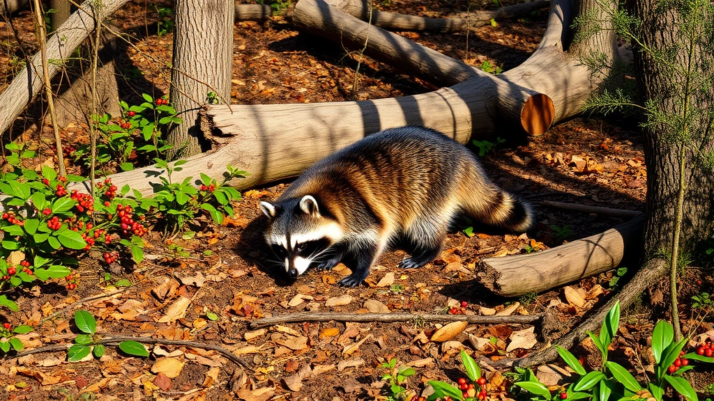 Raccoon foraging in natural woodland area with fallen logs, leaf litter, berry bushes, and native plants, undisturbed wildlife habitat, dappled moonlight