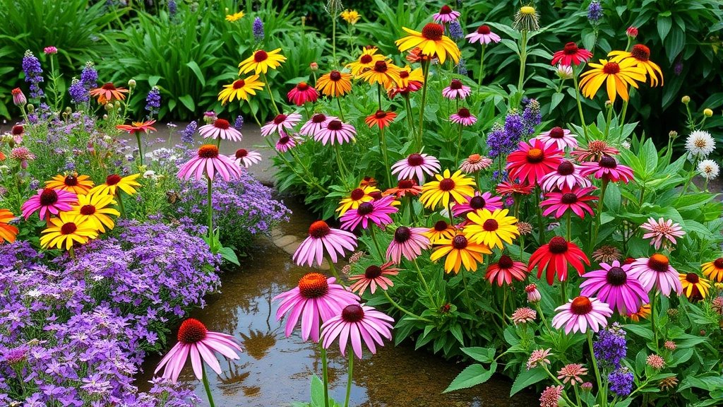 A vibrant rain garden overflowing with colorful native perennials including purple coneflowers, black-eyed Susans, and Joe-Pye Weed during peak summer bloom, with water pooling after rainfall, surrounded by lush green foliage and visiting butterflies and bees