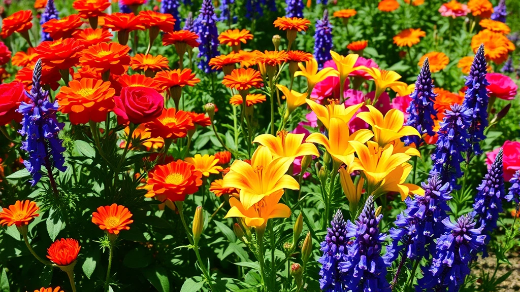 Colorful mixed flower garden with red roses, orange marigolds, yellow daylilies, blue delphiniums, and purple salvia blooming together in full sunlight, professional landscape photography