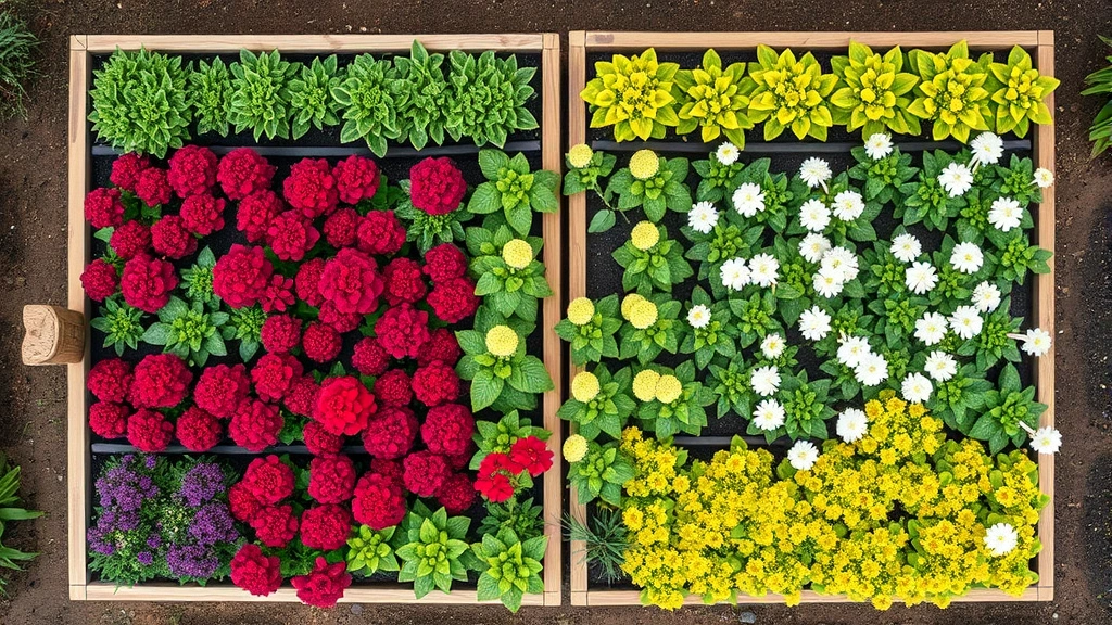Overhead view of raised beds with organized rainbow plant layout showing distinct color zones from red to purple with white flowers as transitions, lush healthy foliage visible