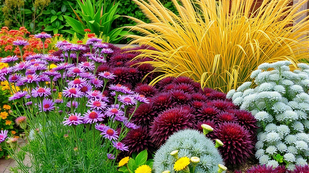 Late summer garden scene with purple asters, golden ornamental grasses, burgundy sedum flowers, and silver dusty miller plants creating warm autumn color palette
