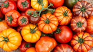 Close-up of assorted heirloom tomatoes in vibrant colors including red, orange, yellow, purple, and striped varieties clustered together on wooden surface, natural lighting highlighting color variations and natural imperfections of heritage tomato types