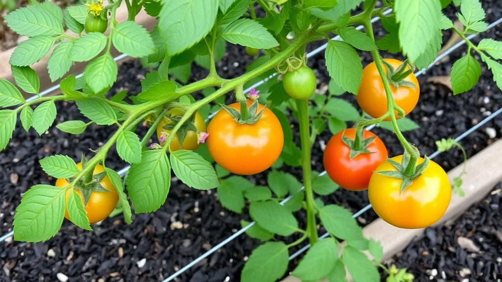 Healthy indeterminate tomato plant with robust green foliage, visible flowering clusters, and developing fruit at various stages of ripeness, growing on sturdy string support system in well-maintained garden bed with dark mulch