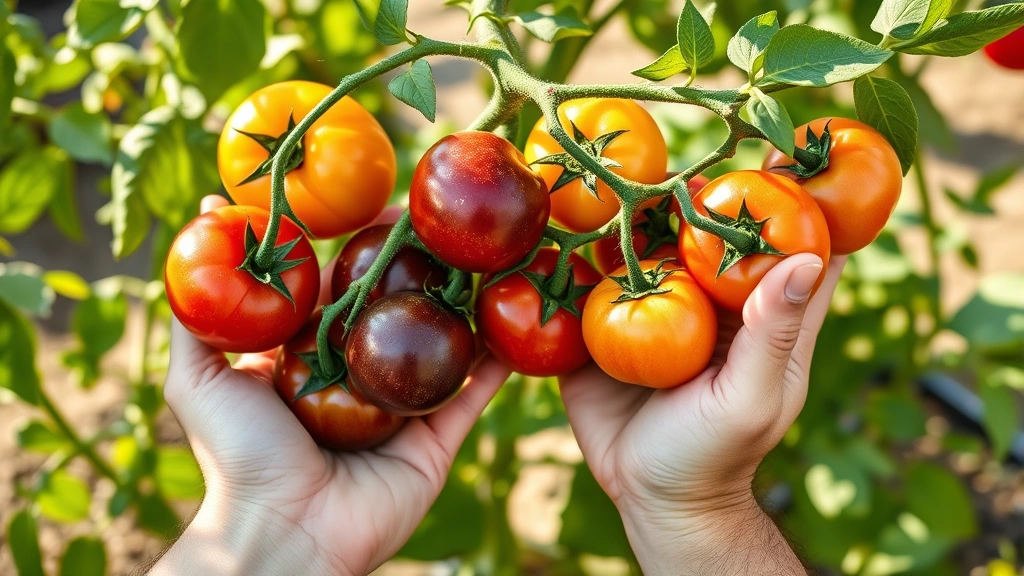 Hands harvesting ripe rainbow tomatoes at peak ripeness from vine, showing variety of mature colors from deep purple to golden yellow, with fresh green leaves and stems visible, warm afternoon garden sunlight