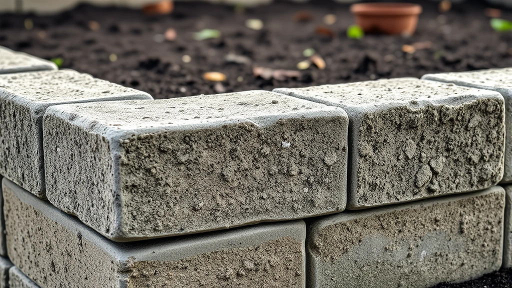 Close-up of cinder blocks stacked to form a raised garden bed frame, showing texture and concrete composition with fresh soil visible inside the bed