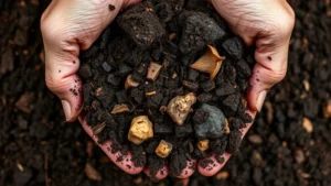 Close-up of dark, crumbly finished compost texture with visible organic matter decomposition, hands holding compost showing its earthy richness and structure