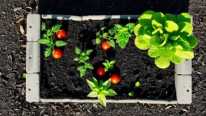Top-down view of rectangular concrete block raised garden bed filled with rich dark soil, freshly planted vegetable seedlings including tomatoes and lettuce, mulched surface, morning sunlight casting shadows of plants
