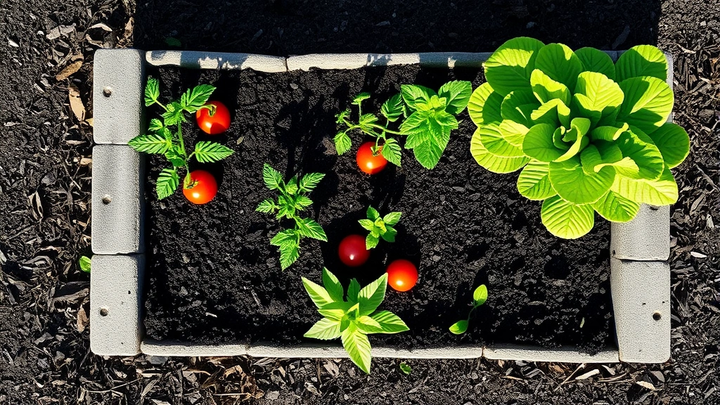 Top-down view of rectangular concrete block raised garden bed filled with rich dark soil, freshly planted vegetable seedlings including tomatoes and lettuce, mulched surface, morning sunlight casting shadows of plants