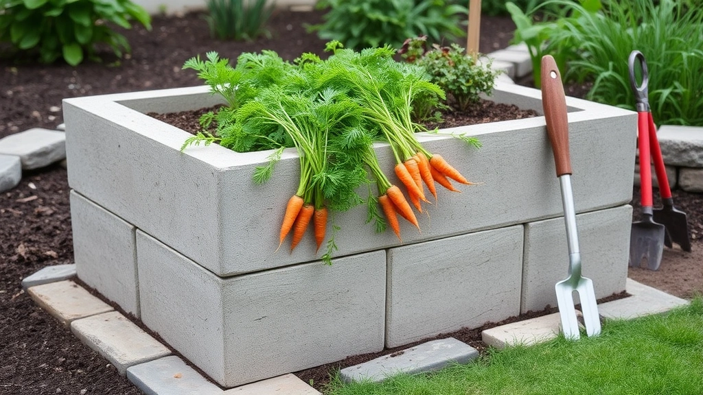 Side profile of stacked concrete block raised bed showing two-layer construction, healthy root vegetables like carrots partially visible in cross-section, professional landscaping stone edging, garden tools leaning nearby