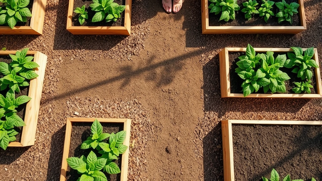 Overhead view of multiple raised garden beds with proper spacing between them, showing well-defined mulched pathways separating wooden bed frames, healthy green plants growing inside beds, sunlight filtering through, professional garden layout