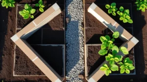 Wide overhead view of four completed breeze block raised garden beds arranged in a geometric pattern, filled with dark rich soil, morning sunlight casting shadows, lush green plants growing at various stages, gravel pathway between beds