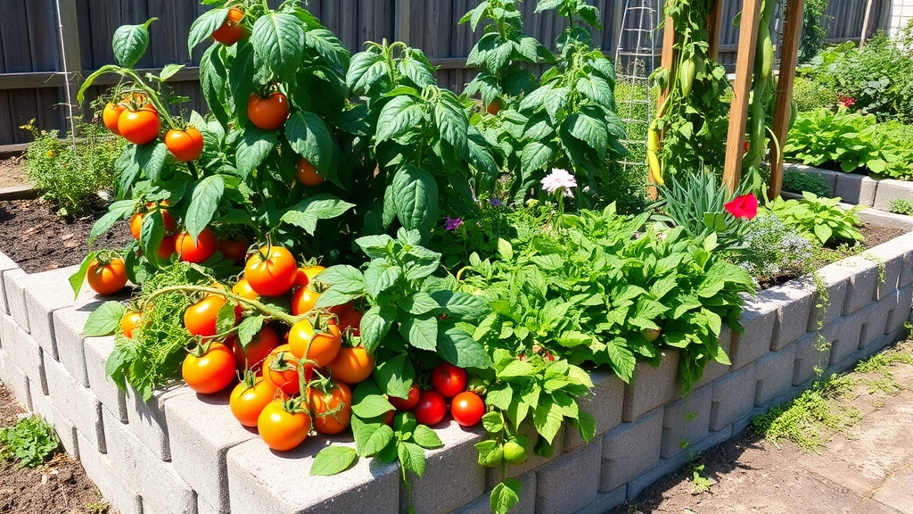Mature raised breeze block bed overflowing with vibrant vegetables and herbs, tomato plants with fruit, leafy greens, flowering herbs, wooden trellis with climbing beans, garden in full summer production, bright natural lighting