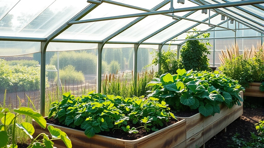 Polycarbonate cold frame structure covering lush green raised garden bed with vegetables growing inside, morning sunlight streaming through clear panels