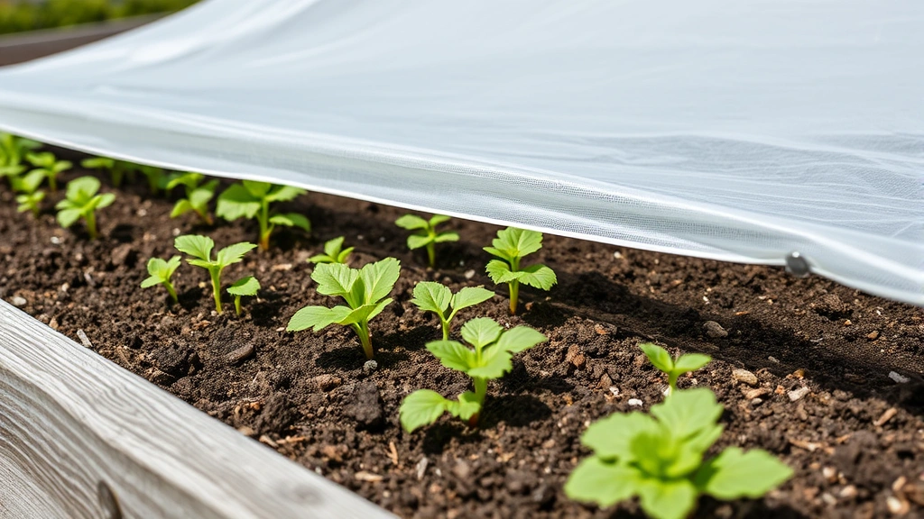 Close-up of lightweight row cover fabric stretched taut over raised bed of young seedlings, secured at edges with landscape staples and clips