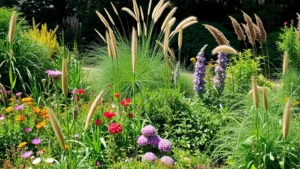 Lush naturalistic garden with mixed perennials, ornamental grasses, and shrubs in varying heights and textures, showing authentic organic growth patterns and self-seeded plants creating spontaneous combinations, photographed in dappled sunlight