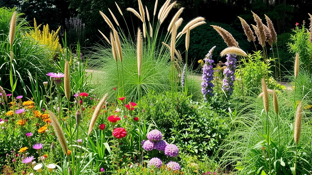 Lush naturalistic garden with mixed perennials, ornamental grasses, and shrubs in varying heights and textures, showing authentic organic growth patterns and self-seeded plants creating spontaneous combinations, photographed in dappled sunlight