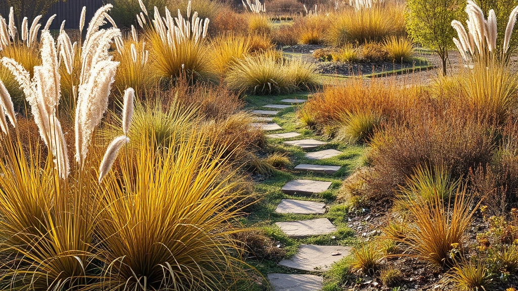 Wide view of established raw garden in autumn showing ornamental grasses in golden tones, persistent seed heads on perennials, meandering natural pathways through plantings, varied plant heights creating depth, with morning light revealing textural complexity
