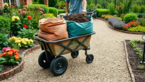 Wide shot of gardener using a four-wheel garden cart loaded with bags of mulch and compost on a gravel pathway, surrounded by flowering plants and garden beds
