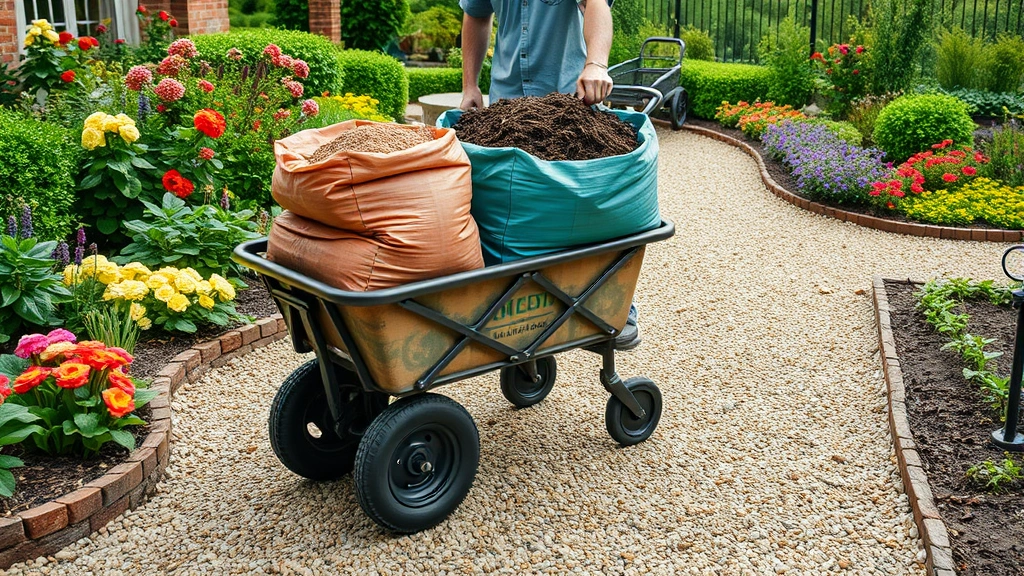 Wide shot of gardener using a four-wheel garden cart loaded with bags of mulch and compost on a gravel pathway, surrounded by flowering plants and garden beds