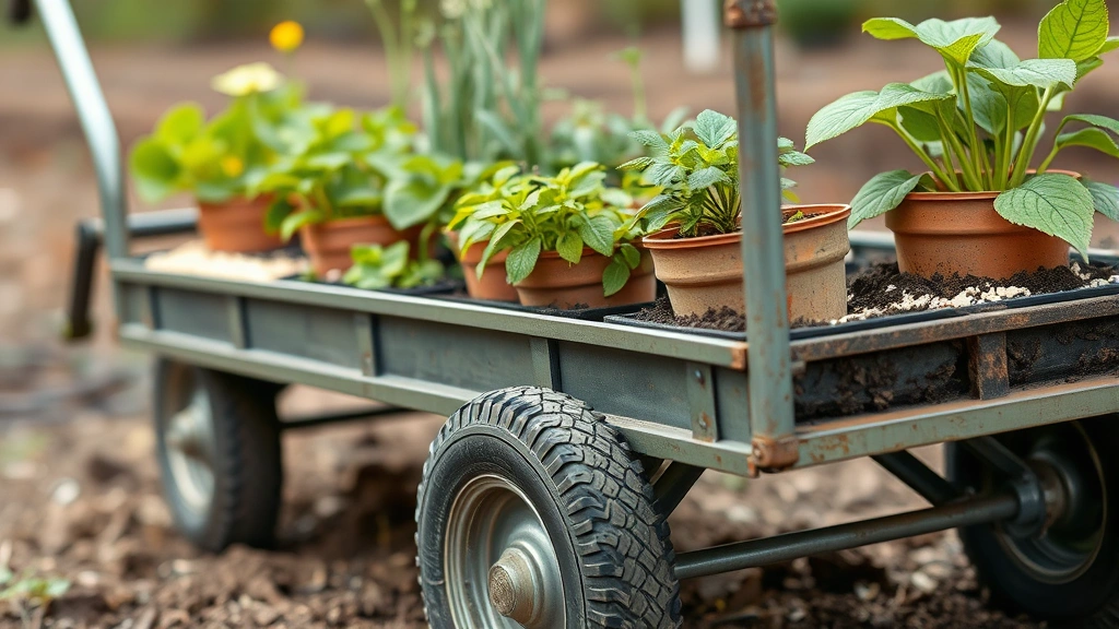 Close-up detail of a sturdy steel garden cart with pneumatic tires navigating over uneven terrain with potted plants and soil amendments visible in the bed