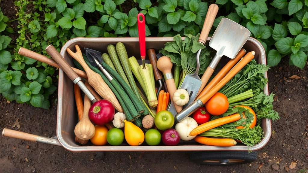 Overhead view of various garden tools and harvested vegetables arranged in a two-wheel garden cart positioned near a vegetable garden with green plants in background