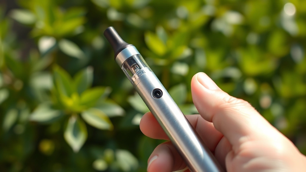 Close-up of a sleek silver vape pen disposable device held in someone's hand outdoors in natural sunlight, showing the minimalist design and smooth finish, with blurred green garden foliage in the background