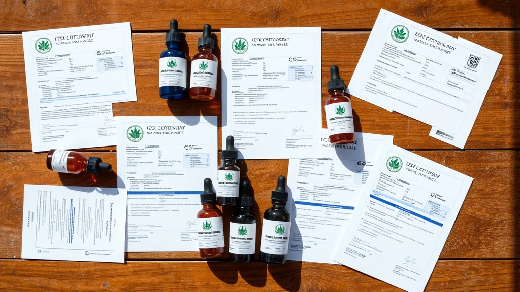 Overhead flat lay arrangement of various cannabis concentrate containers and testing documents spread on a wooden surface, showing lab result papers and quality certifications in natural daylight