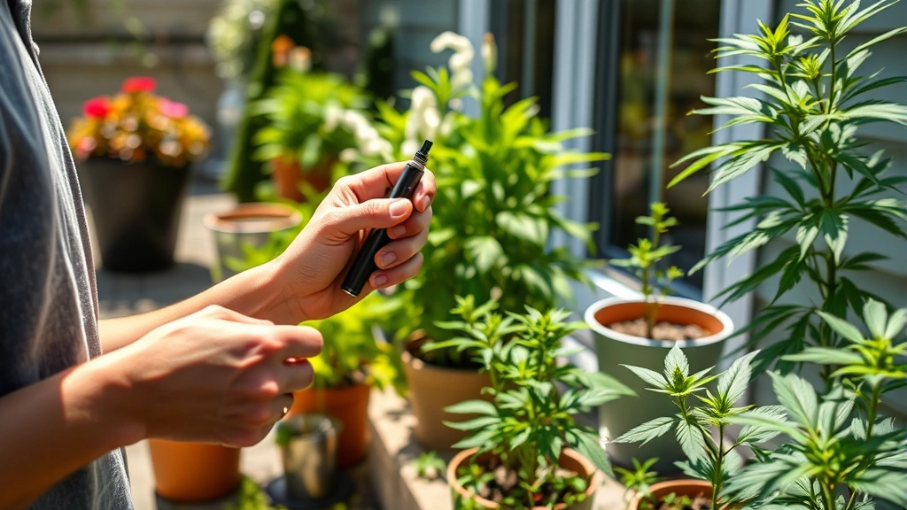 Person using a small vape pen device while tending to container plants on a sunny patio, showing the discreet and portable nature of the product in a real gardening context