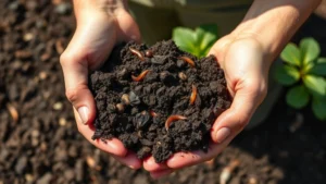 Gardener's hands holding rich, dark compost soil with visible organic matter and earthworms in sunlit garden bed