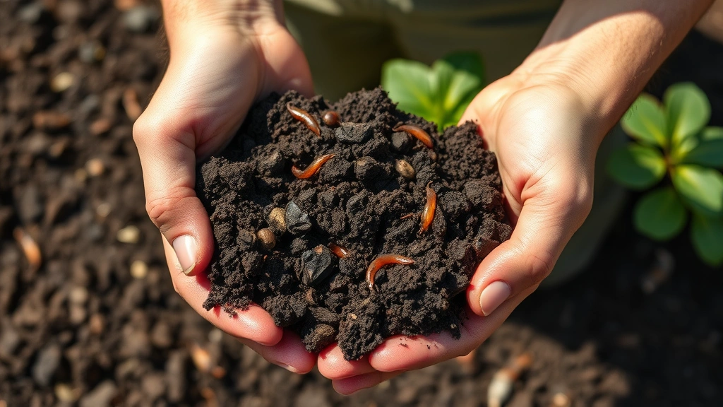 Gardener's hands holding rich, dark compost soil with visible organic matter and earthworms in sunlit garden bed