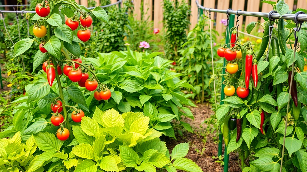 Diverse vegetable garden in full summer bloom showing tomato plants, lettuce, peppers, and beans with drip irrigation system