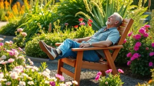 A gardener relaxing in a teak wood recliner chair positioned among blooming flower beds, wearing casual outdoor clothes, surrounded by green plants and colorful flowers in soft afternoon sunlight