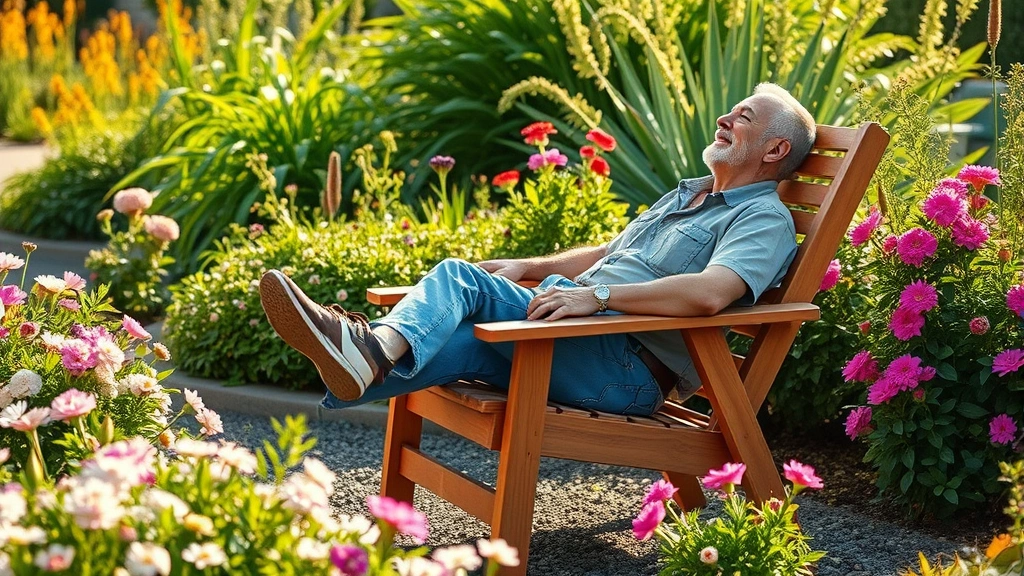 A gardener relaxing in a teak wood recliner chair positioned among blooming flower beds, wearing casual outdoor clothes, surrounded by green plants and colorful flowers in soft afternoon sunlight