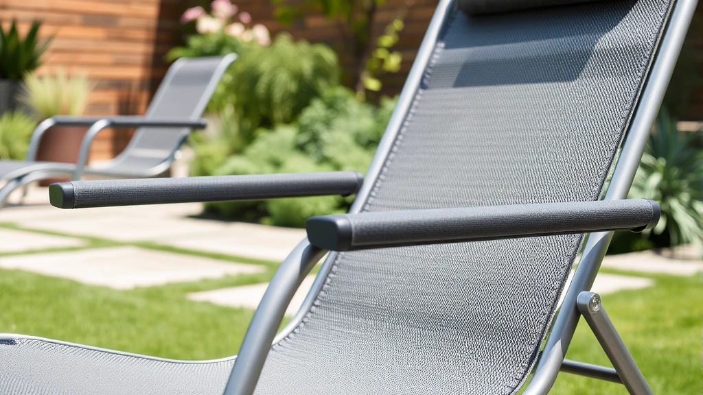 Close-up of a modern aluminum zero-gravity recliner with breathable textilene fabric in a contemporary garden setting, showing the chair's ergonomic design and weather-resistant materials