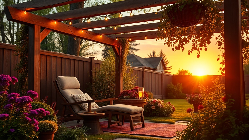 A cozy garden corner with a cushioned recliner under a pergola, side table with beverage, string lights overhead, surrounded by flowering plants and garden greenery at sunset