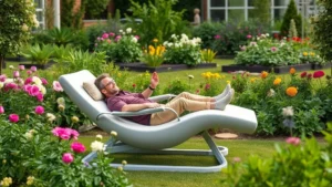 Modern zero-gravity reclining chair in a lush garden setting with blooming flowers and green plants surrounding it, person relaxing in the chair with garden beds visible in background