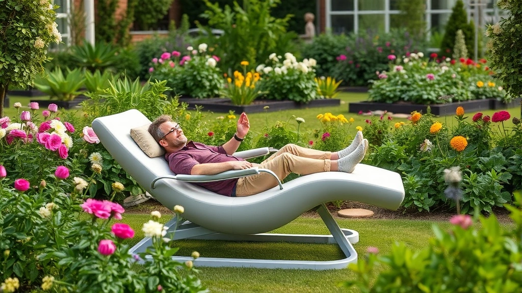 Modern zero-gravity reclining chair in a lush garden setting with blooming flowers and green plants surrounding it, person relaxing in the chair with garden beds visible in background