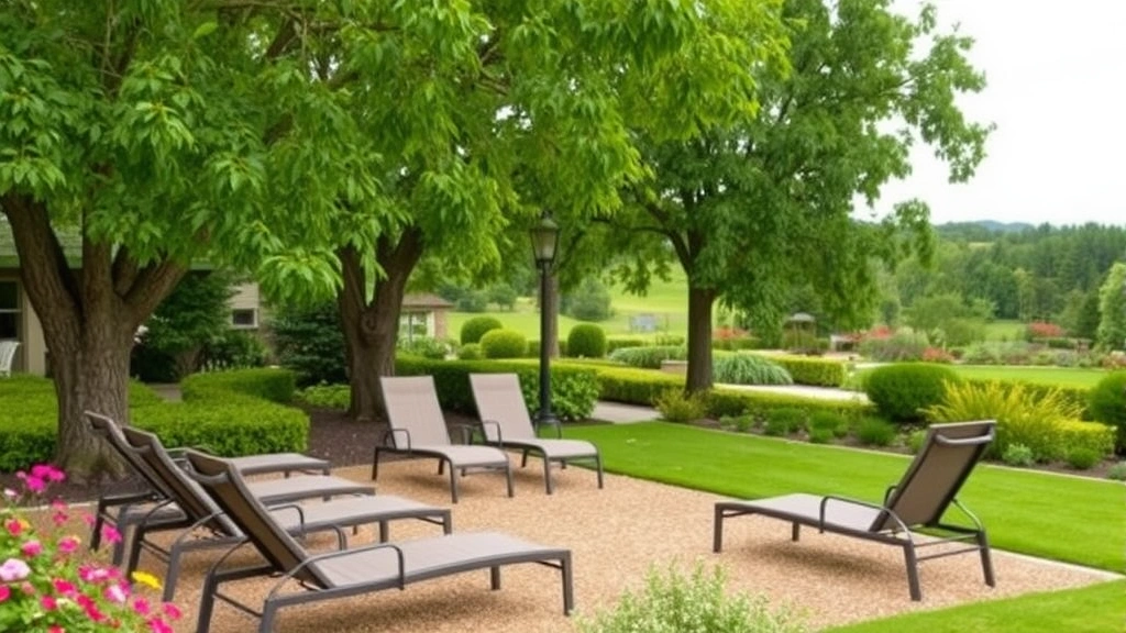 Garden scene featuring multiple reclining chairs arranged in a cozy outdoor lounge area with mature trees, flowering shrubs, and a peaceful garden landscape backdrop