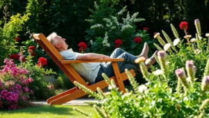 Person relaxing in a teak wood reclining garden armchair surrounded by flowering plants and green foliage, afternoon sunlight, peaceful garden setting