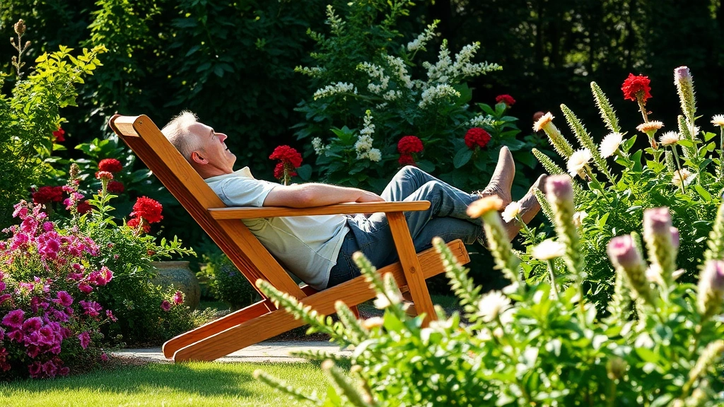 Person relaxing in a teak wood reclining garden armchair surrounded by flowering plants and green foliage, afternoon sunlight, peaceful garden setting