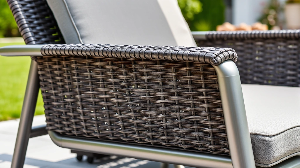 Close-up detail of aluminum frame with synthetic wicker weaving and comfortable cushioning on a modern reclining garden chair outdoors