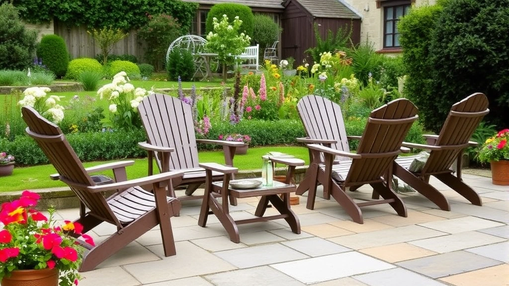 Multiple reclining garden armchairs arranged on a stone patio overlooking a cottage garden with blooming flowers and shrubs