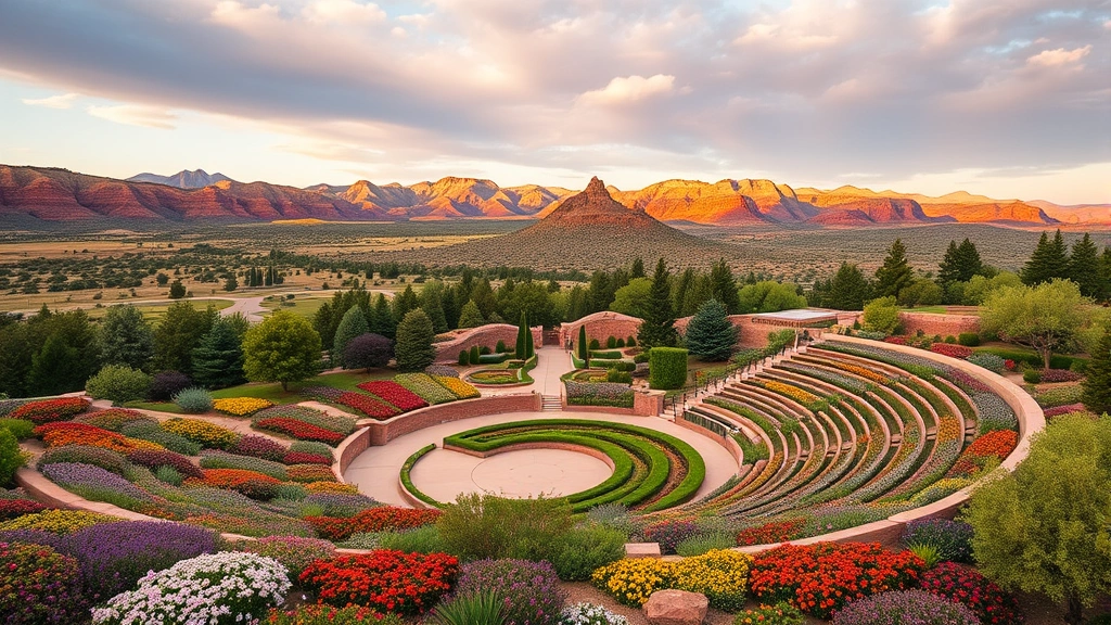Aerial view of Red Butte Garden's sprawling 100 acres with colorful perennial borders in full bloom, natural amphitheater seating areas, and surrounding Utah foothills in background, summer evening light