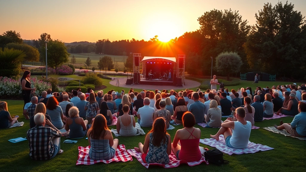 Concert attendees sitting on lawn with blankets during sunset performance, garden landscape visible with flowering shrubs and trees, stage in distance, natural lighting and peaceful garden atmosphere