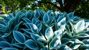 Close-up of vibrant hosta foliage with blue-gray and variegated white leaves in dappled shade, morning light filtering through tree canopy creating soft shadows on the layered plant textures