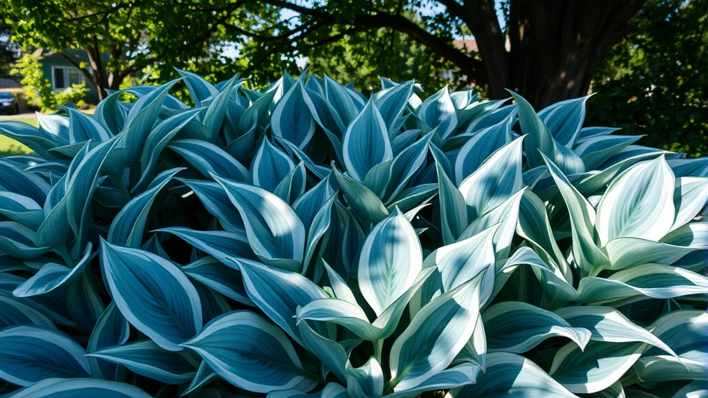 Close-up of vibrant hosta foliage with blue-gray and variegated white leaves in dappled shade, morning light filtering through tree canopy creating soft shadows on the layered plant textures