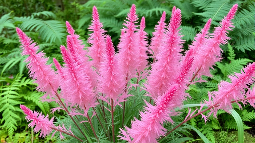 Feathery astilbe plumes in soft pink and red tones with finely divided green foliage, creating delicate texture in a moist shade garden setting with ferns and hostas in background